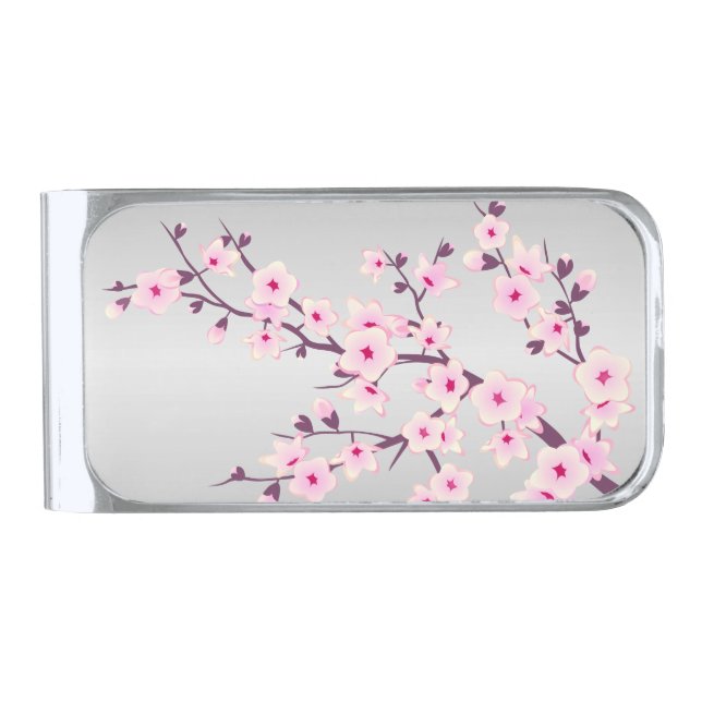 Floral Cherry Blossoms Pink Gray Silver Finish Money Clip (Front)