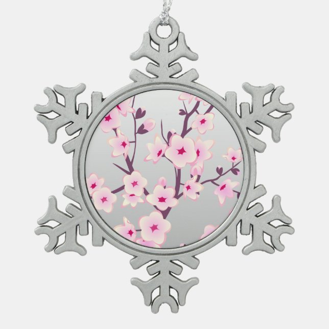 Floral Cherry Blossoms Pink Gray Snowflake Pewter Christmas Ornament (Front)