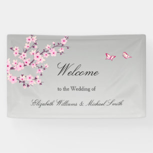 Floral Cherry Blossoms Pink Gray Wedding Banner
