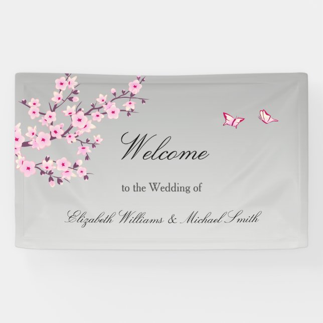 Floral Cherry Blossoms Pink Gray Wedding Banner (Horizontal)