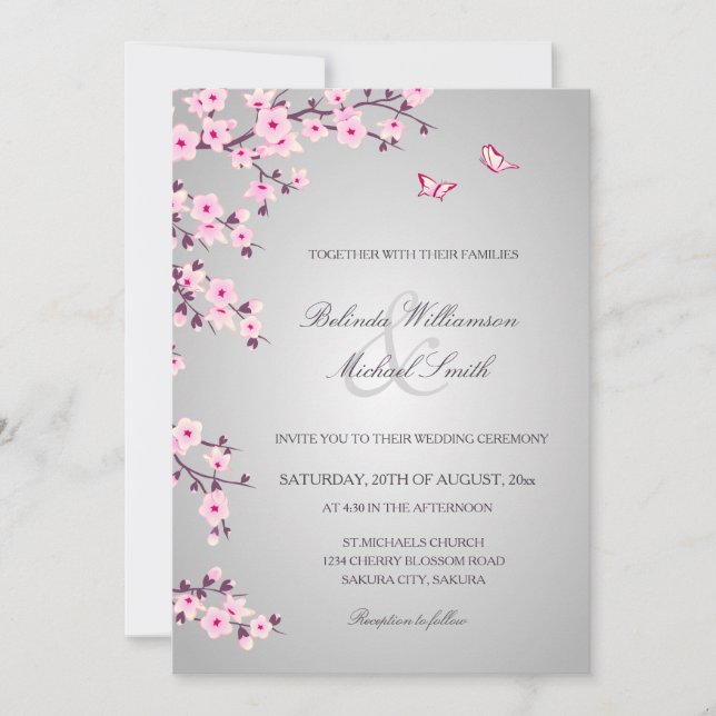 Floral Cherry Blossoms Pink Gray Wedding Invitation (Front)