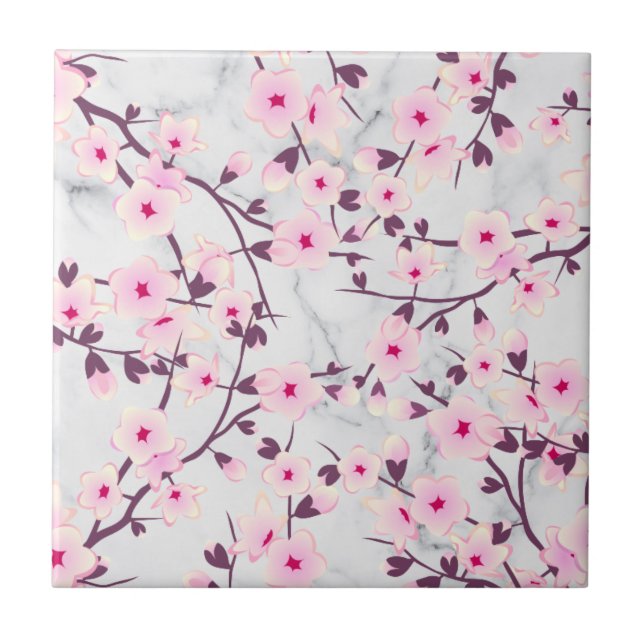 Floral Cherry Blossoms Pink Light Gray Marble Ceramic Tile (Front)