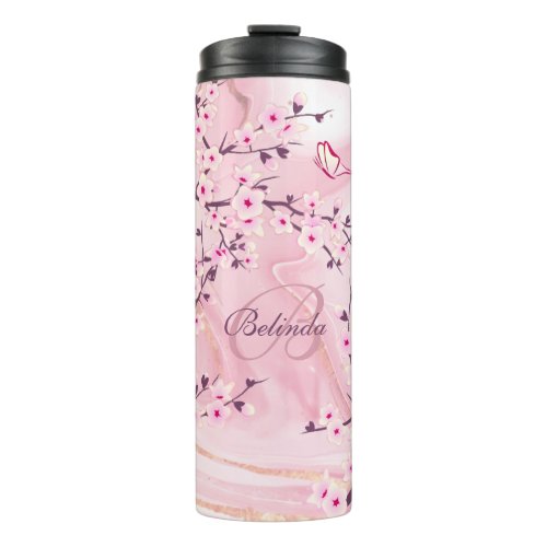 Floral Cherry Blossoms Pink Marble Name Monogram  Thermal Tumbler