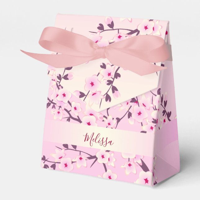 Floral Cherry Blossoms Pink Monogram Favor Boxes (Front Side)
