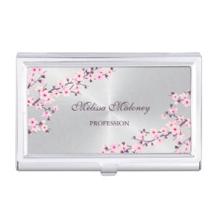 Floral Cherry Blossoms Pink Silver Case For Business Cards