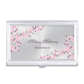 Floral Cherry Blossoms Pink Silver Case For Business Cards by NinaBaydur at Zazzle