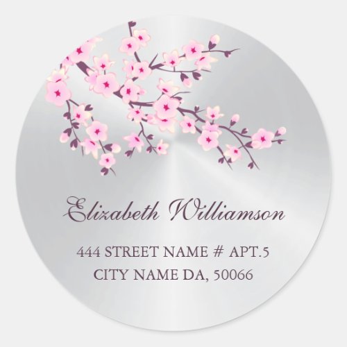 Floral Cherry Blossoms Pink Silver  Classic Round Sticker