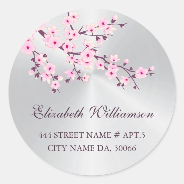 Floral Cherry Blossoms Pink Silver  Classic Round Sticker (Front)