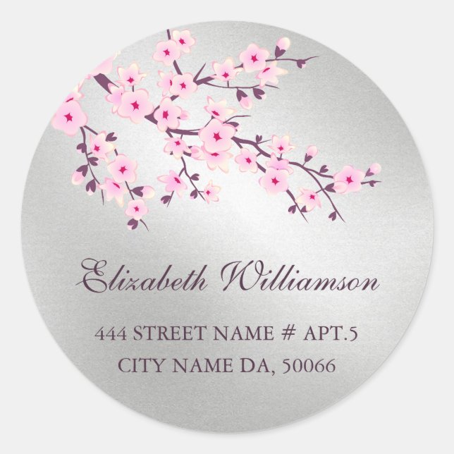 Floral Cherry Blossoms Pink Silver  Classic Round Sticker (Front)