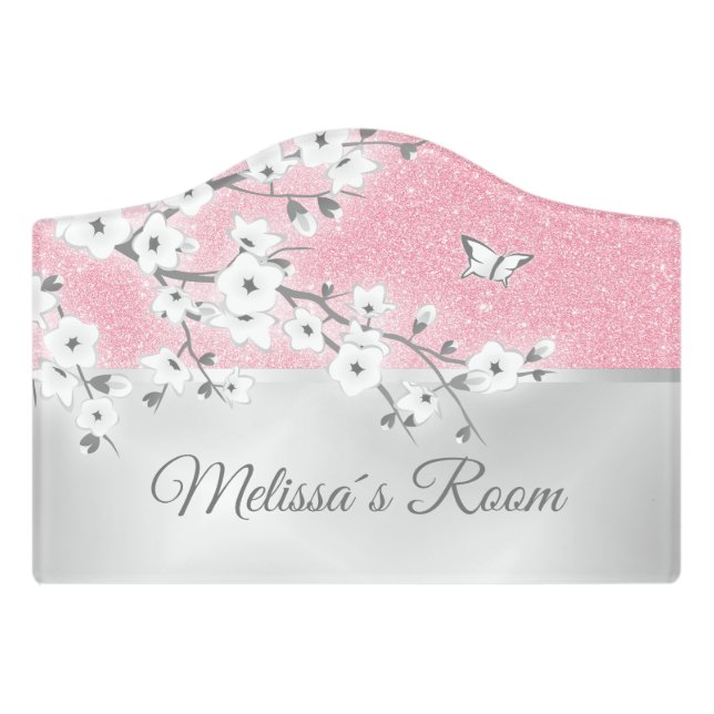 Floral Cherry Blossoms Pink Silver Custom Door Sign (Small Crest Front)