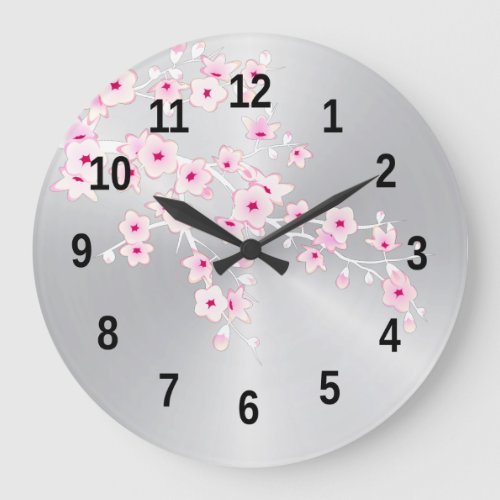 Floral Cherry Blossoms Pink Silver Girls Room Large Clock