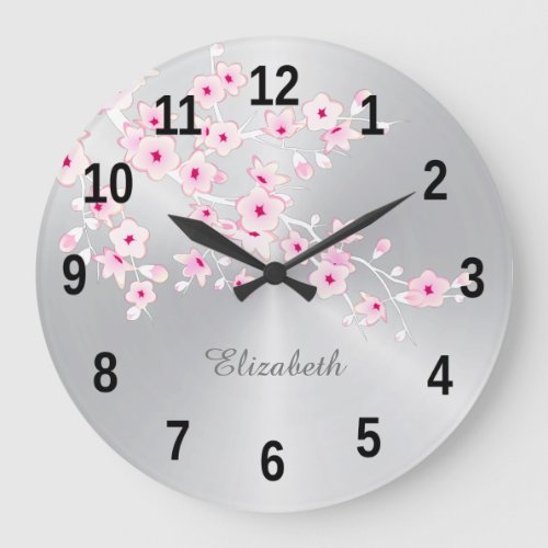 Floral Cherry Blossoms Pink Silver Girls Room Name Large Clock