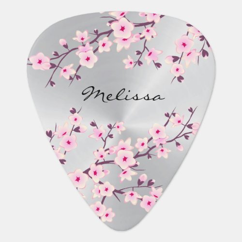 Floral Cherry Blossoms Pink Silver Guitar Pick