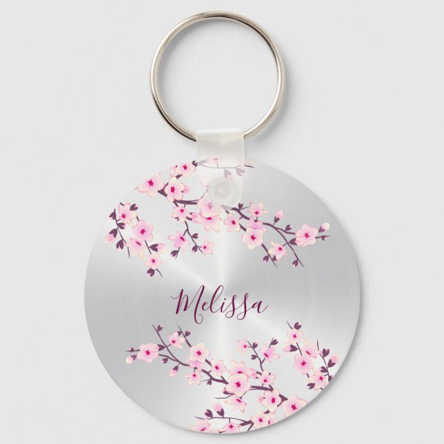Floral Cherry Blossoms Pink Silver  Keychain (Front)