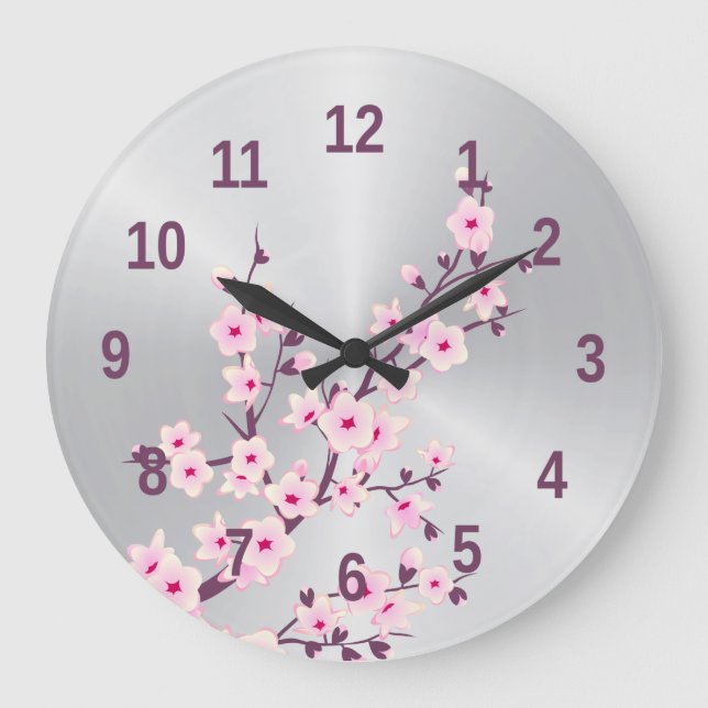 Floral Cherry Blossoms Pink Silver Large Clock (Front)