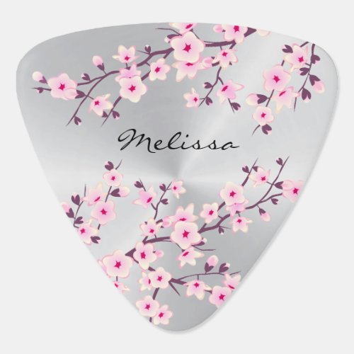 Floral Cherry Blossoms Pink Silver Monogram Guitar Pick