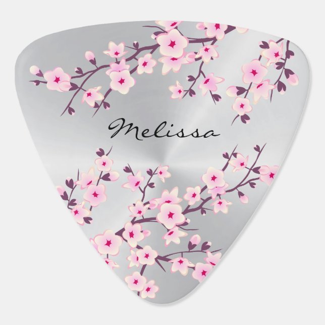 Floral Cherry Blossoms Pink Silver Monogram Guitar Pick (Back)