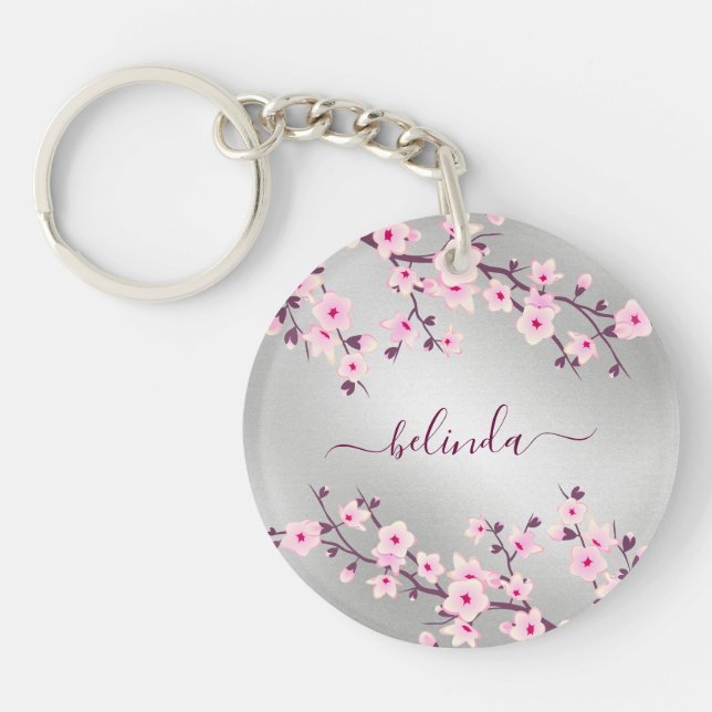 Floral Cherry Blossoms Pink Silver Monogram Keychain (Front)