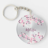 Pink pastel cherry florals monogram keychain