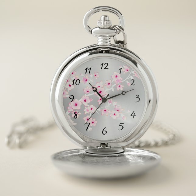 Floral Cherry Blossoms Pink Silver Numbers Pocket Watch (Inside)