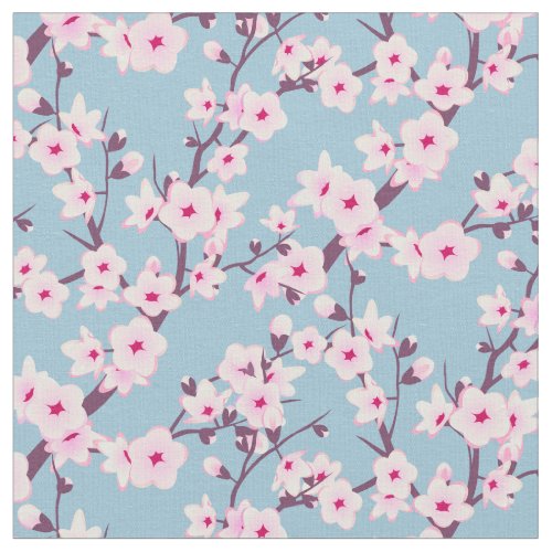 Floral Cherry Blossoms Pink Sky Blue Fabric