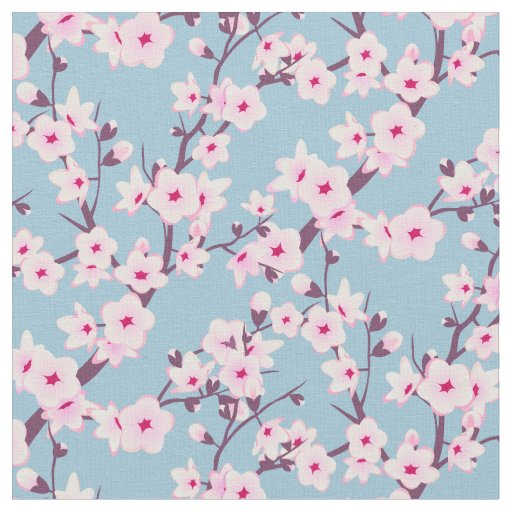 Floral Cherry Blossoms Pink Sky Blue Fabric