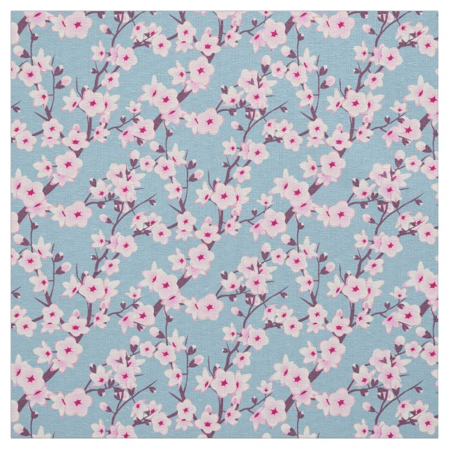 Floral Cherry Blossoms Pink Sky Blue Fabric (Swatch)