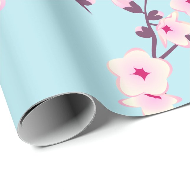 Floral Cherry Blossoms Pink Sky Blue Wrapping Paper (Roll Corner)