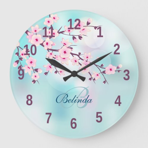 Floral Cherry Blossoms Pink Turquoise Add Name Large Clock