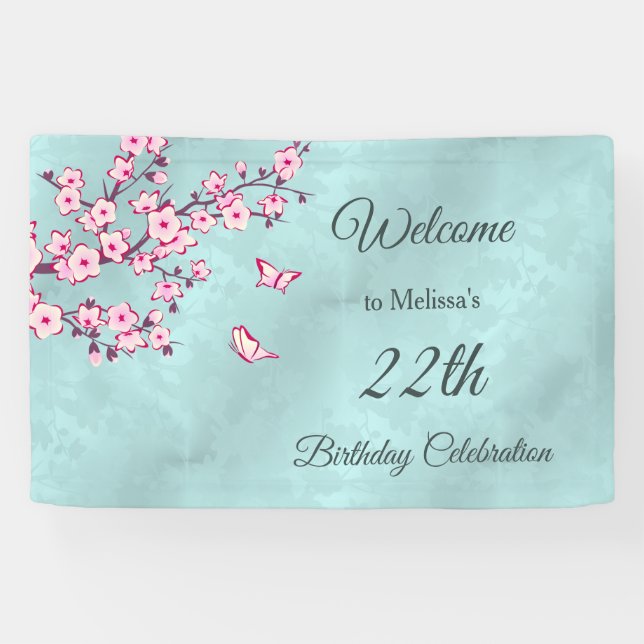 Floral Cherry Blossoms Pink Turquoise Birthday Banner (Horizontal)