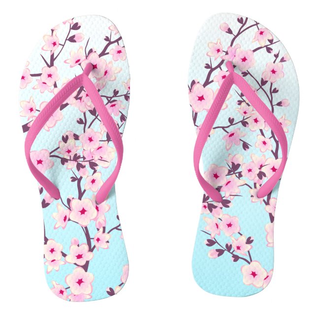 Floral Cherry Blossoms Pink Turquoise Flip Flops (Footbed)