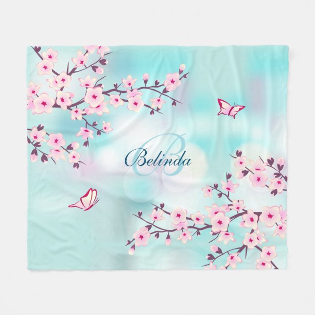 Floral Cherry Blossoms Pink Turquoise Monogram Fleece Blanket (Front (Horizontal))