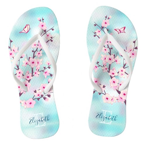 Floral Cherry Blossoms Pink Turquoise Monogram Flip Flops