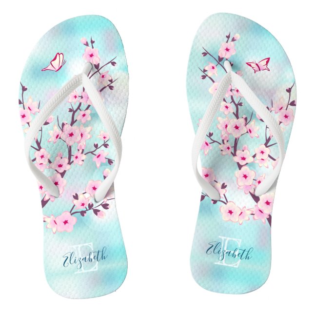 Floral Cherry Blossoms Pink Turquoise Monogram Flip Flops (Footbed)