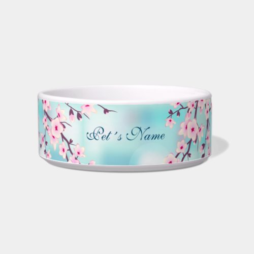 Floral Cherry Blossoms Pink  Turquoise Pets Name Bowl