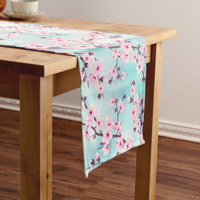 Floral Cherry Blossoms Pink Turquoise Short Table Runner (In Situ)