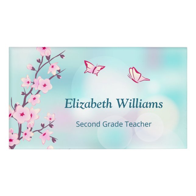 Floral Cherry Blossoms Pink Turquoise Teacher Name Tag (Front)