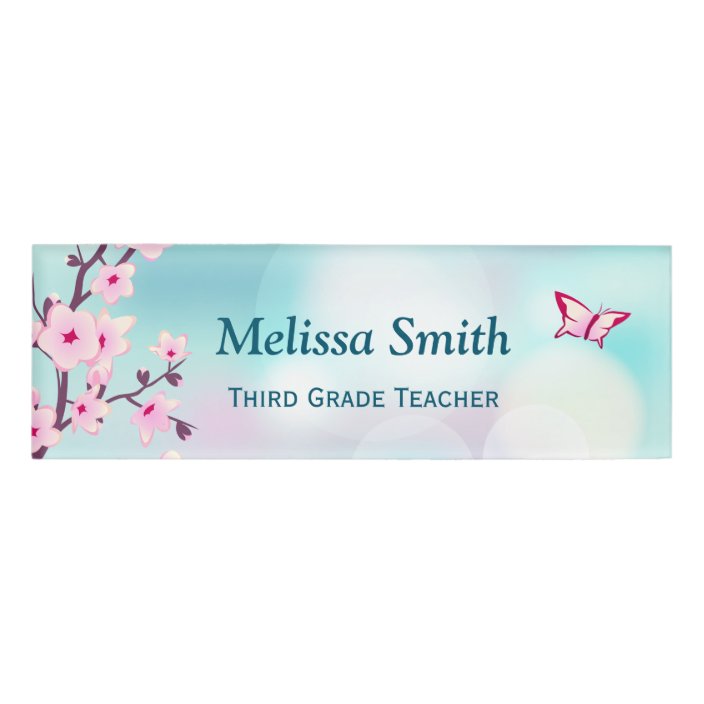 Floral Cherry Blossoms Pink Turquoise Teacher Name Tag | Zazzle.com