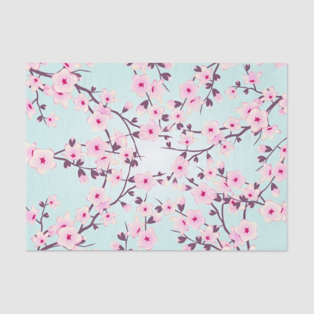 Floral Cherry Blossoms Pink Turquoise Tissue Paper (Front)