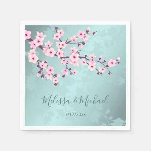 Floral Cherry Blossoms Pink Turquoise Wedding Napkins