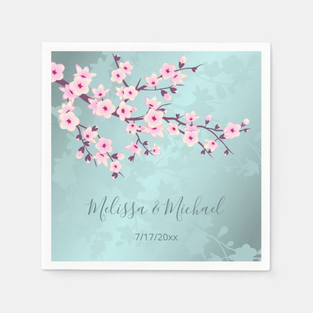 Floral Cherry Blossoms Pink Turquoise Wedding Napkins (Front)