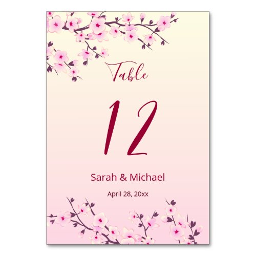 Floral Cherry Blossoms Pink Wedding  Table Number