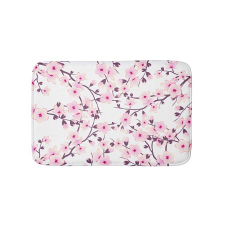 Floral Cherry Blossoms Pink White Bath Mat