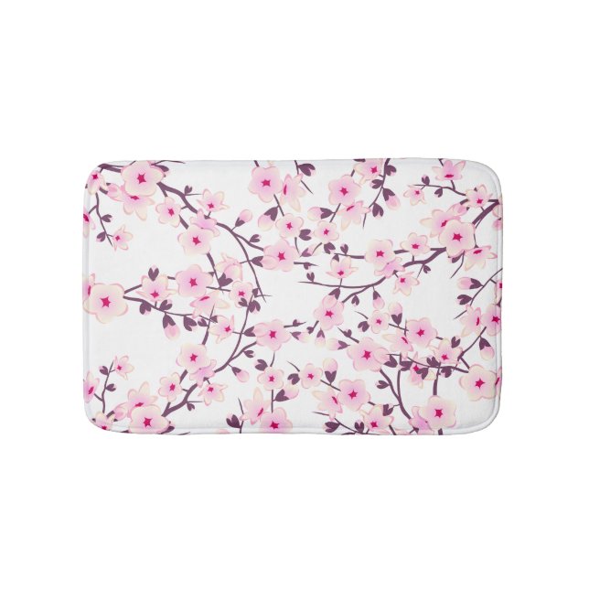 Floral Cherry Blossoms Pink White Bath Mat (Front)