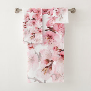 Floral Cherry Blossoms Pink White Bath Towel Set