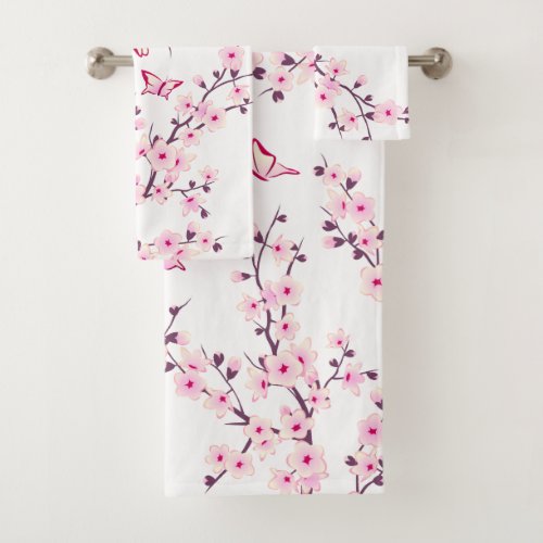 Floral Cherry Blossoms Pink White Bath Towel Set