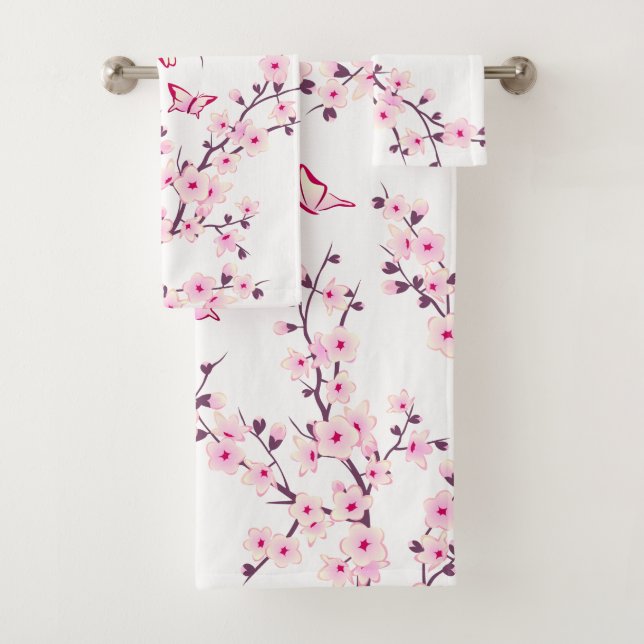 Floral Cherry Blossoms Pink White Bath Towel Set (Insitu)