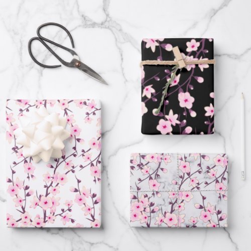 Floral Cherry Blossoms Pink White Black Gray  Wrapping Paper Sheets