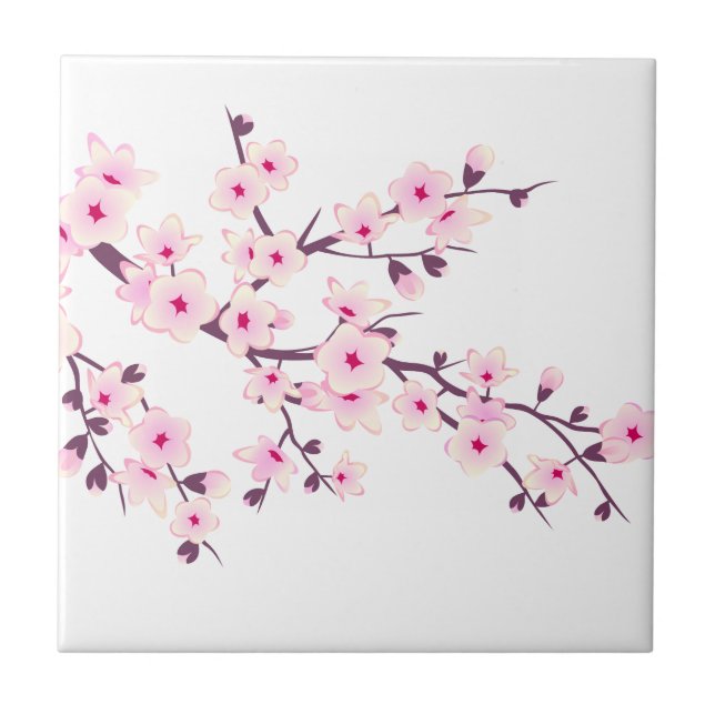 Floral Cherry Blossoms Pink White  Ceramic Tile (Front)