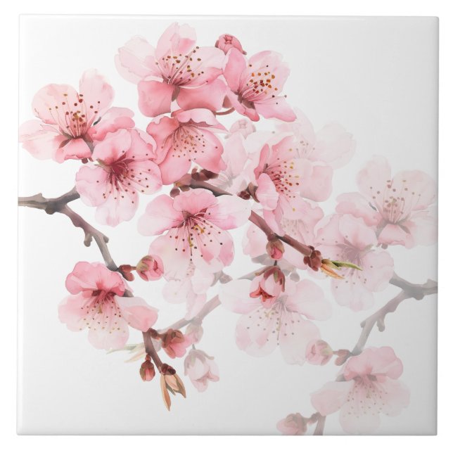 Floral Cherry Blossoms Pink White Ceramic Tile (Front)